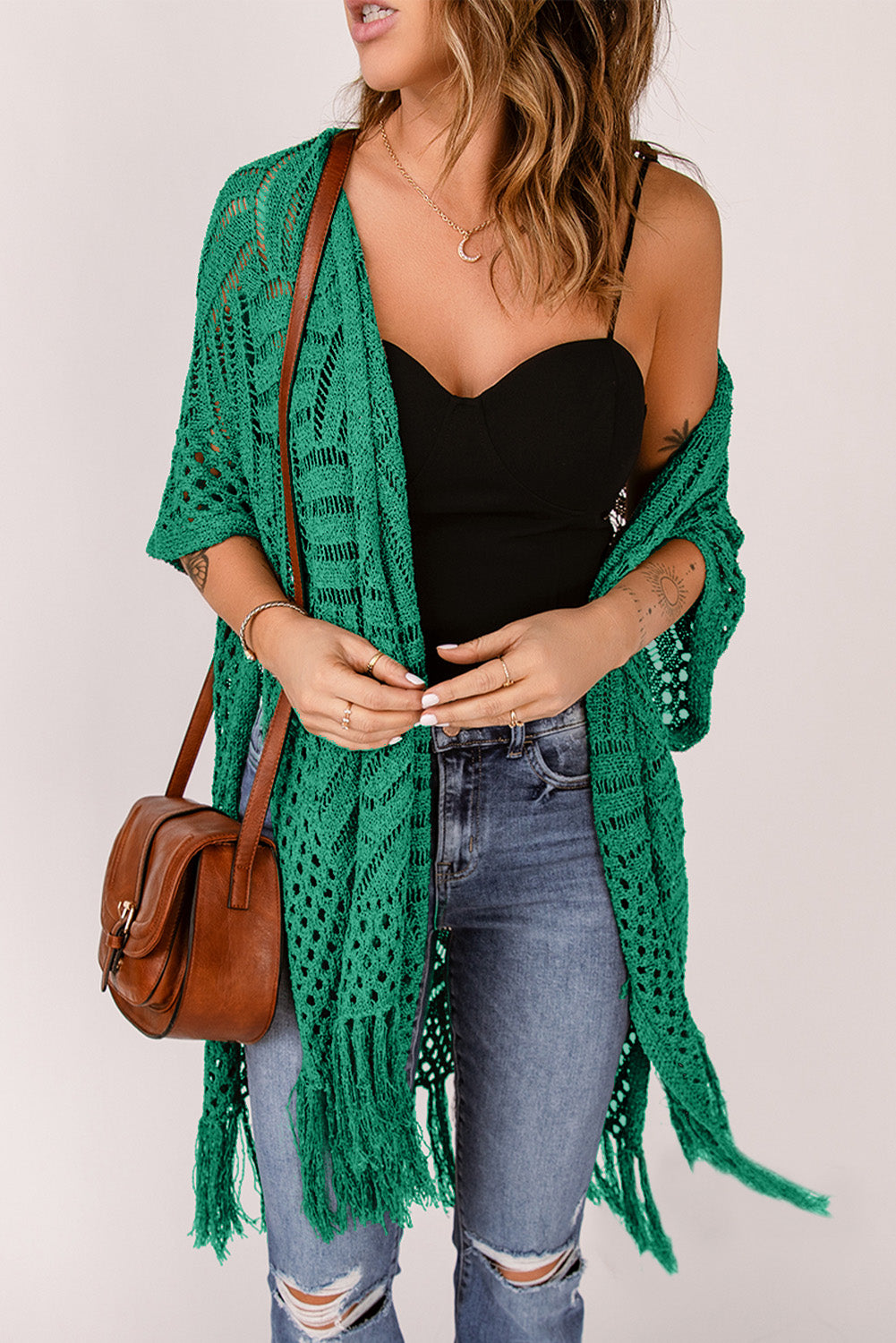 Openwork Open Front Cardigan with Fringes Dark Green One Size