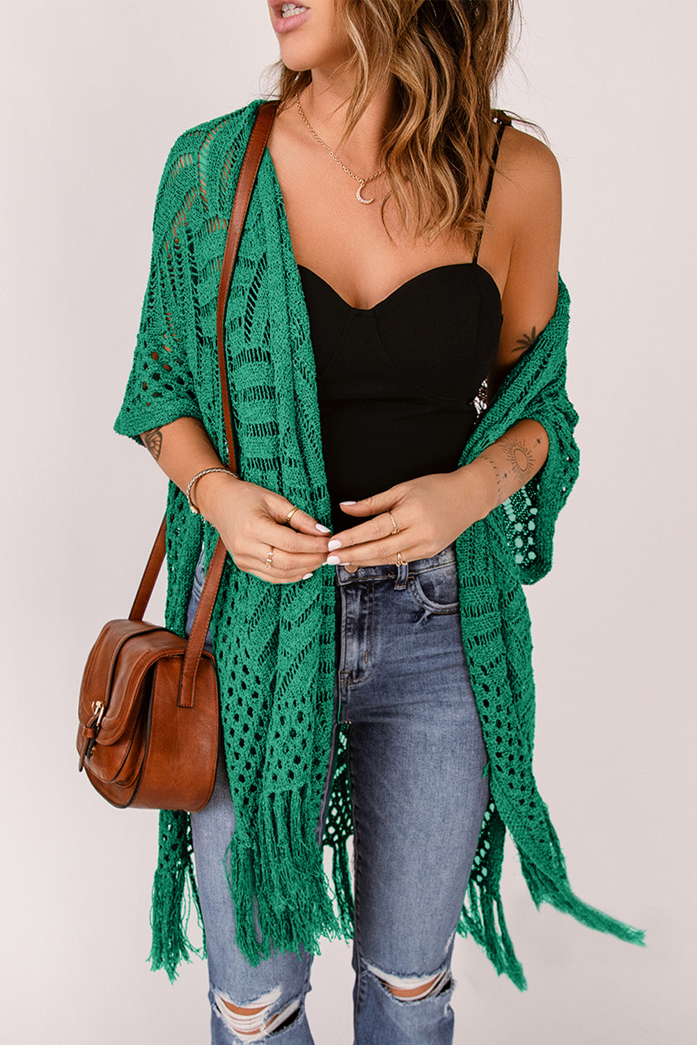 Openwork Open Front Cardigan with Fringes - Thandynie