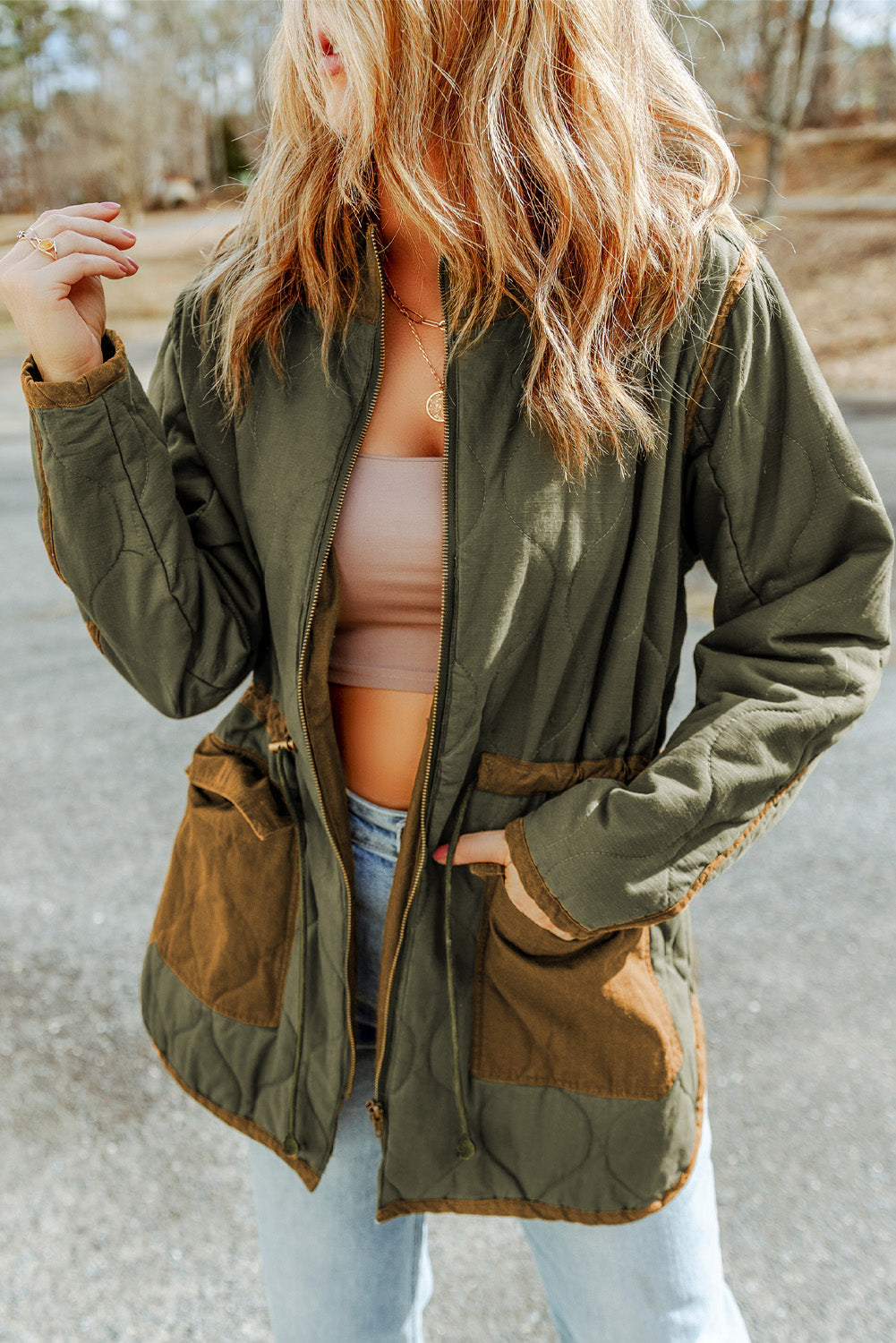 Drawstring Waist Zip-Up Jacket Matcha Green