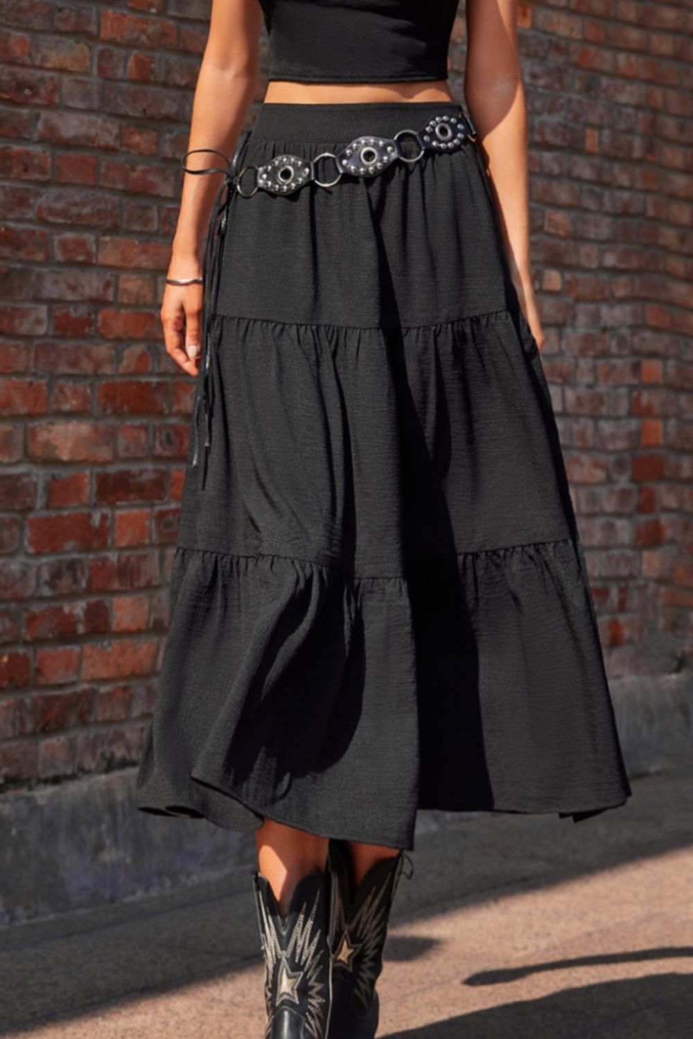 Elastic Waist Tiered Midi Skirt Black