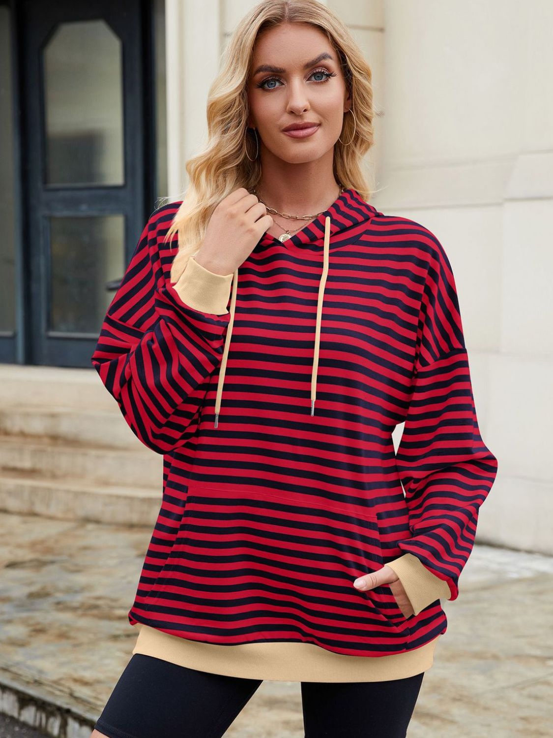 Drawstring Contrast Striped Long Sleeve Hoodie Burgundy