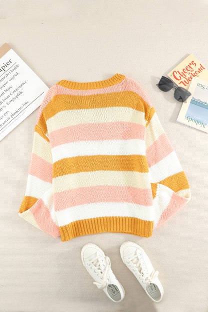 Woven Right Striped Dropped Shoulder Knitted Pullover Sweater