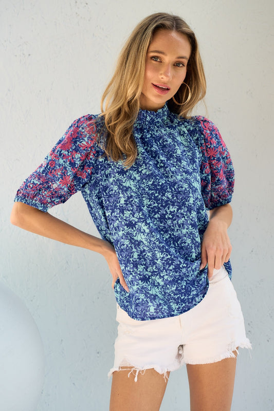 Hailey & Co Embroidered Puff Sleeve Printed Blouse Blue