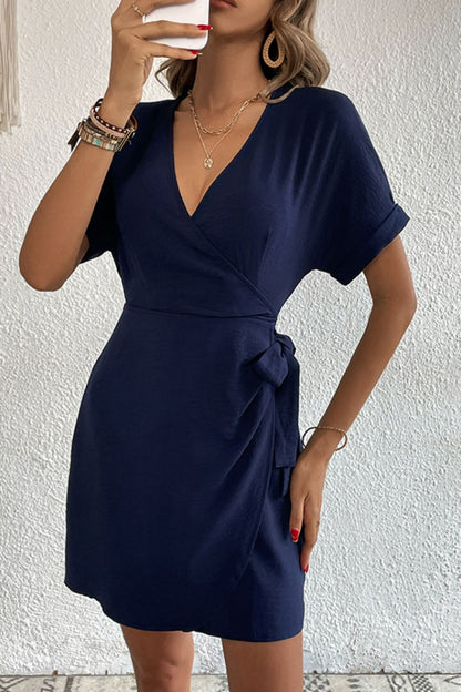 Tied Cuffed Sleeve Surplice Dress