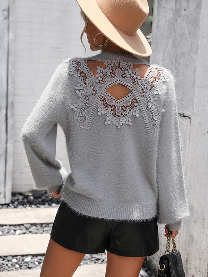 Lace Detail Cutout Long Sleeve Pullover Sweater Light Gray