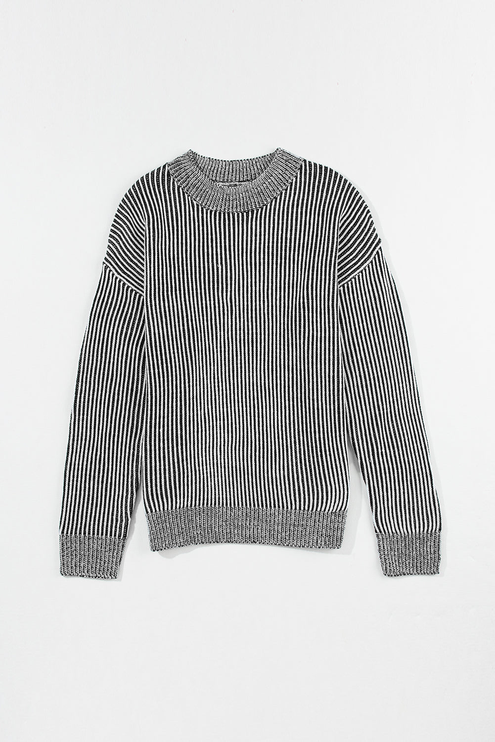 Striped Mock Neck Dropped Shoulder Sweater Black