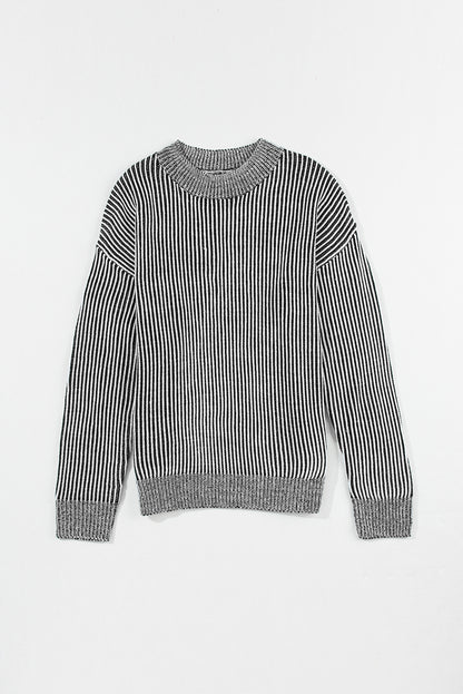 Striped Mock Neck Dropped Shoulder Sweater Black