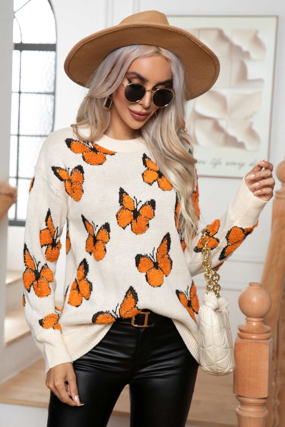 Butterfly Round Neck Long Sleeve Sweater Ivory