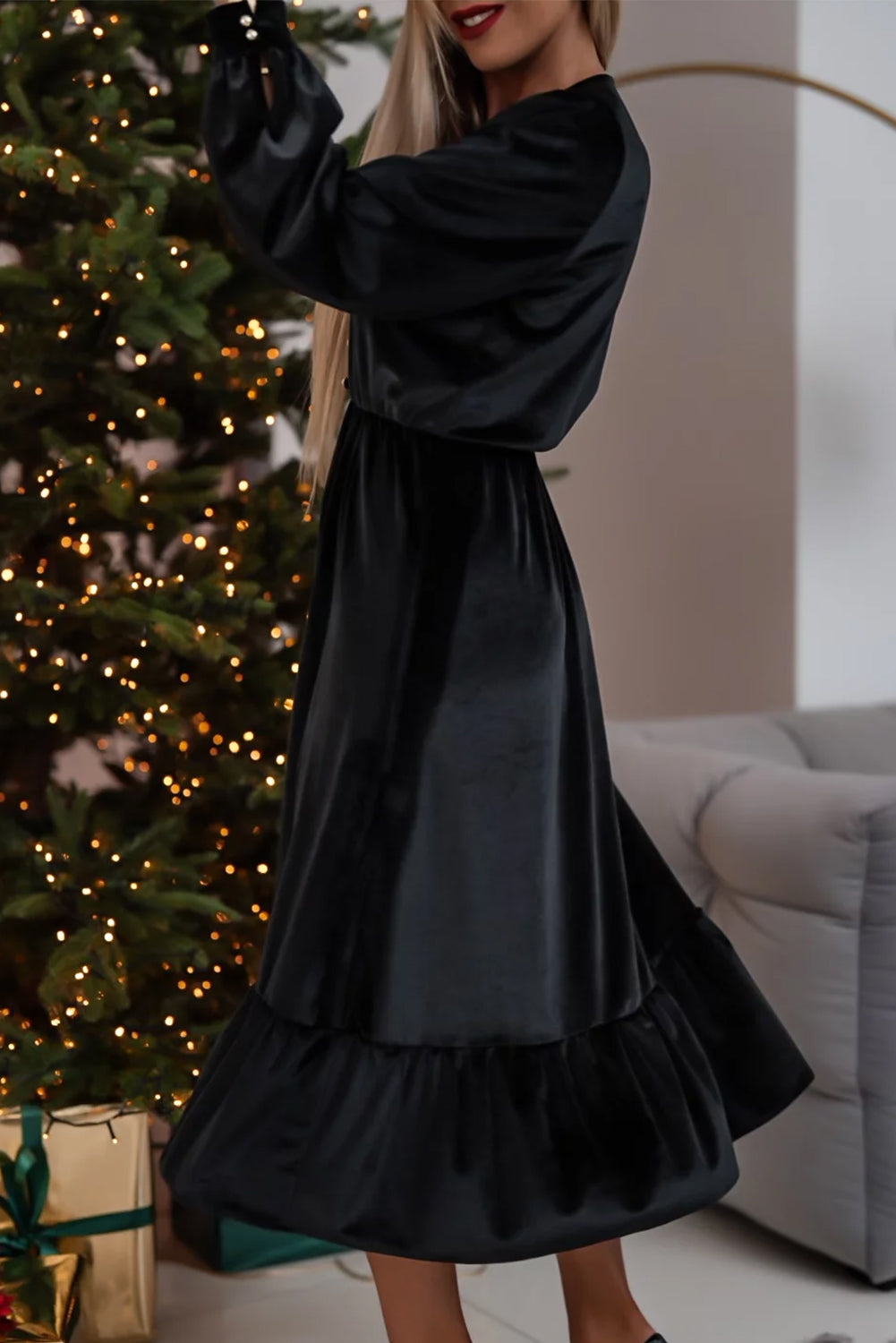 Black Velvet Buttoned Puff Sleeve V-Neck Split Midi Dress - Elegant & Sophisticated Women's Fashion