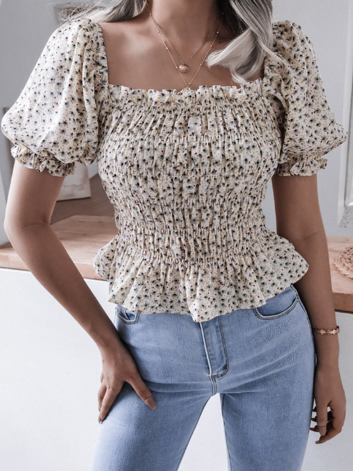 Frill Smocked Square Neck Short Sleeve Blouse