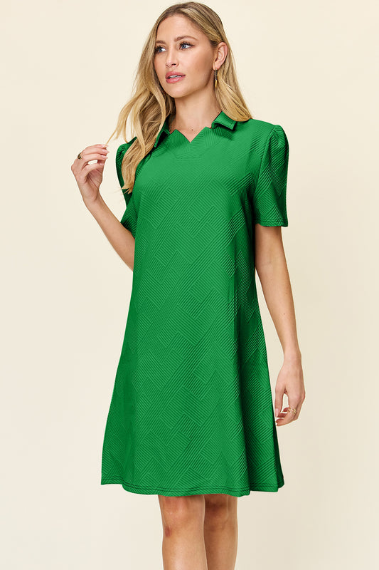 Double Take Full Size Texture Collared Neck Short Sleeve Dress Mid Green