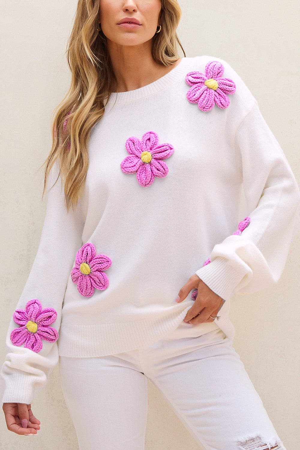 Crochet Flower Round Neck Long Sleeve Sweater White