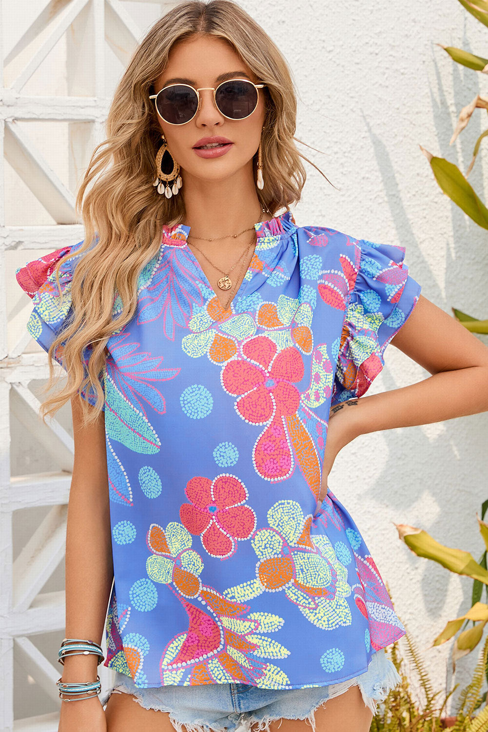 Floral Notched Neck Flutter Sleeve Blouse Floral