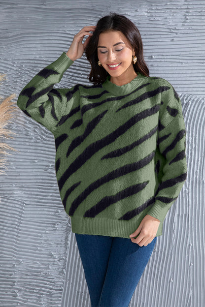 Animal Element Round Neck Dropped Shoulder Sweater Green