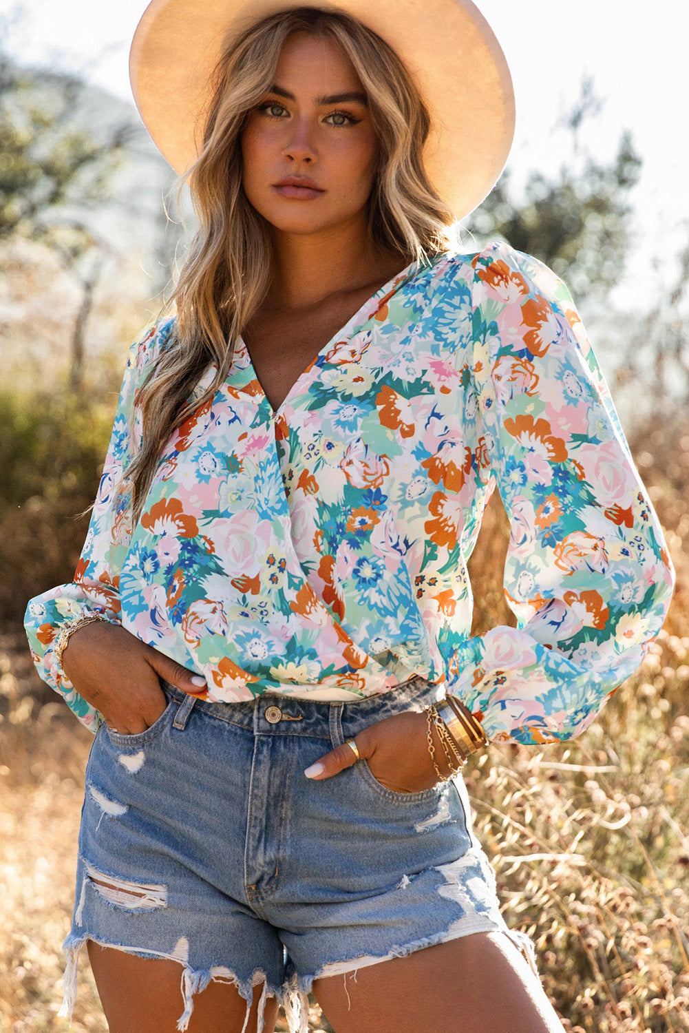 Sky Blue Floral Print Wrap Long Sleeve Bodysuit Sky Blue 100%polyester