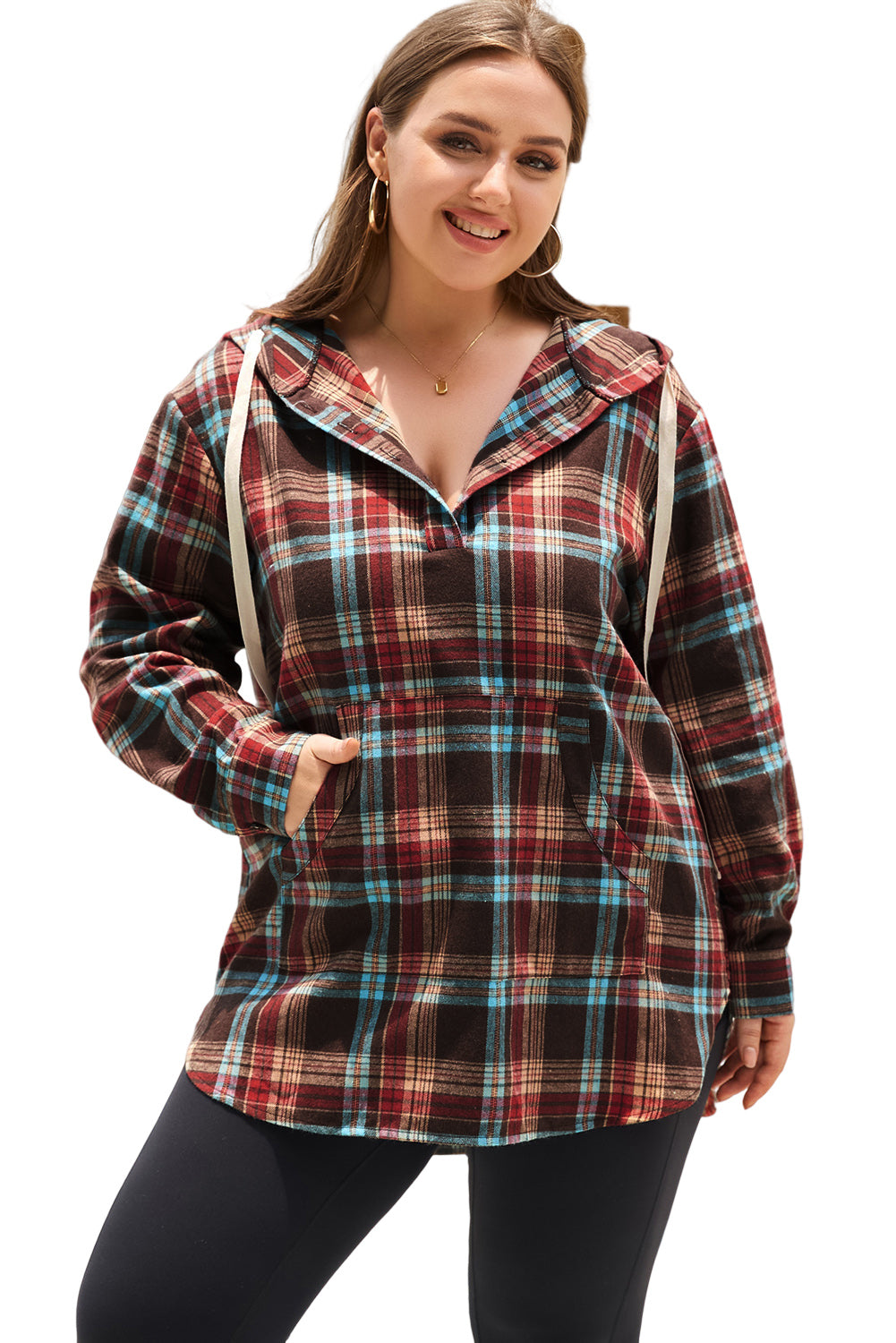 Fiery Red Plus Size Plaid Kangaroo Pocket Drawstring Hoodie