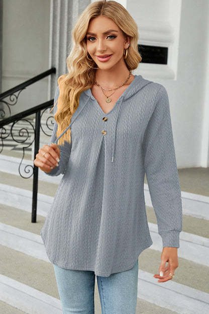 Decorative Button Drawstring Long Sleeve Hoodie Light Blue