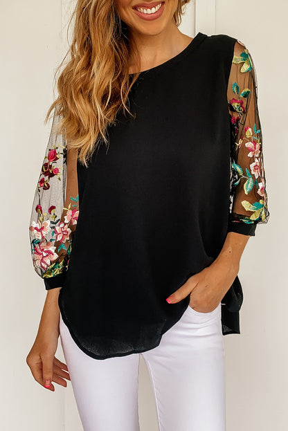 Embroidered Round Neck Three-Quarter Sleeve T-Shirt Black