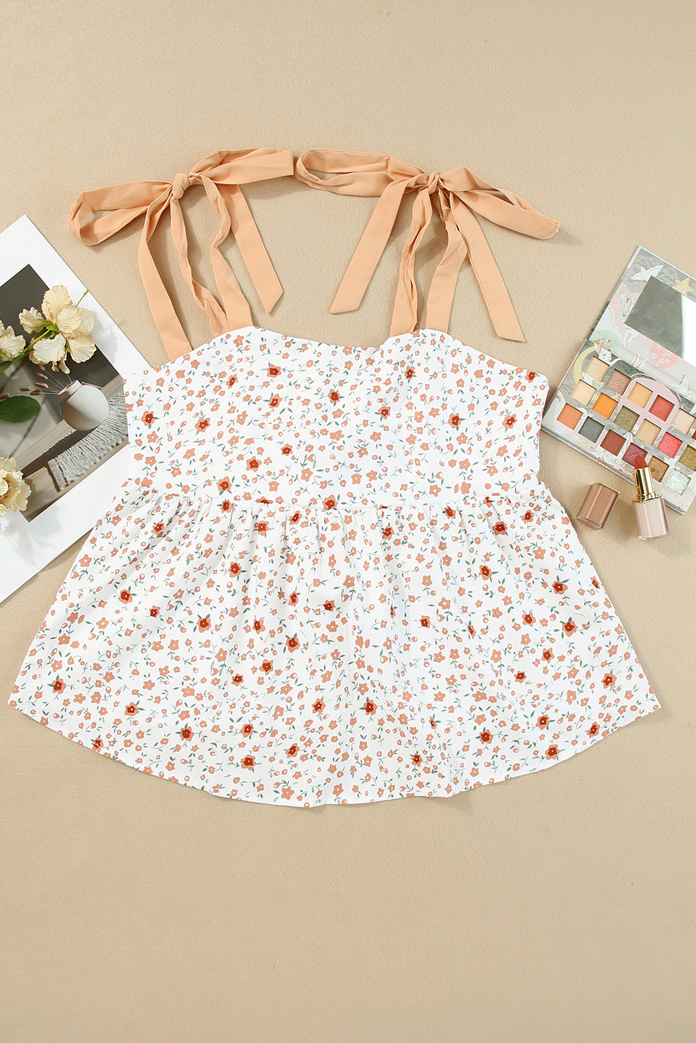 White Tied Shoulder Floral Print Babydoll Tank