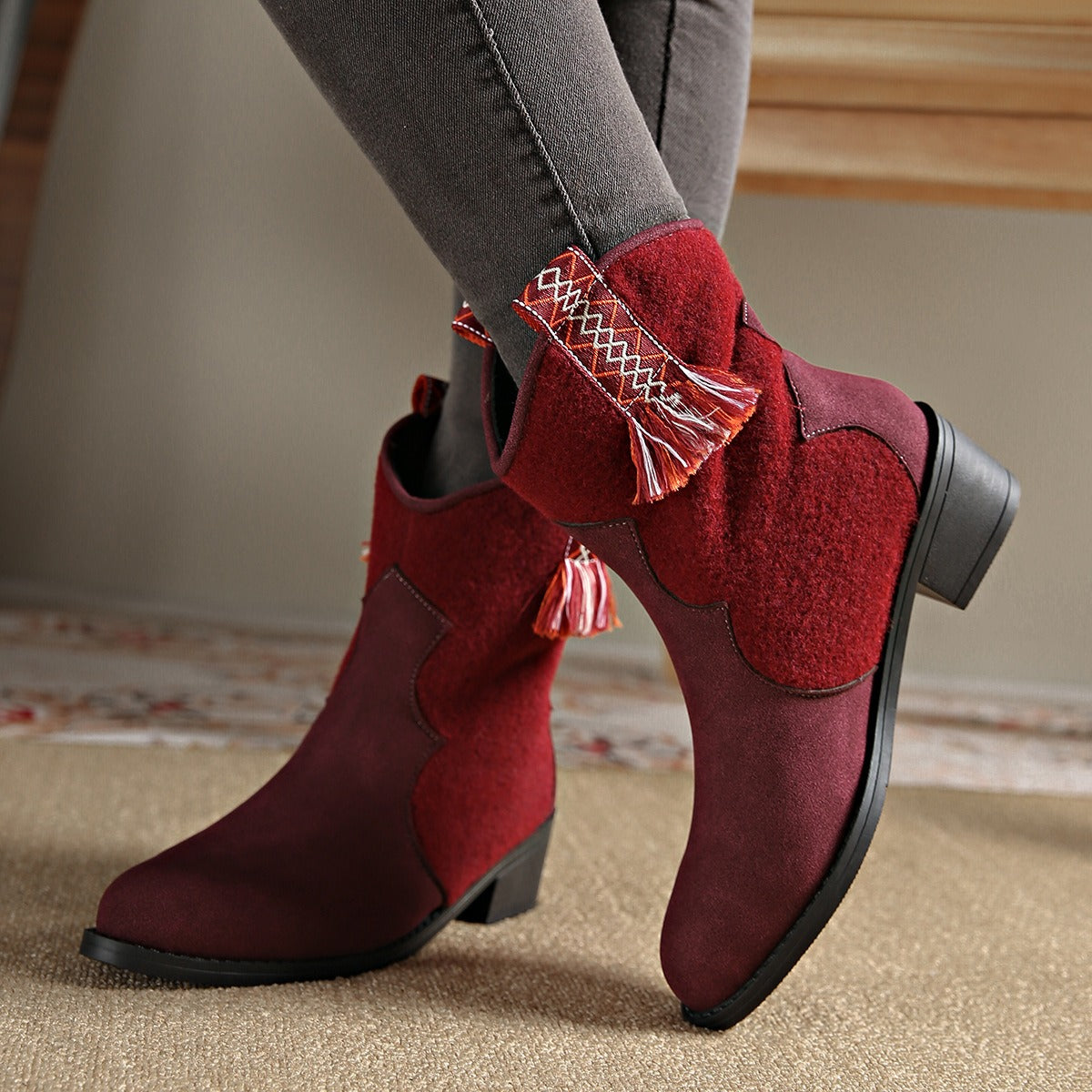 Suede Point Toe Block Heel Boots Burgundy