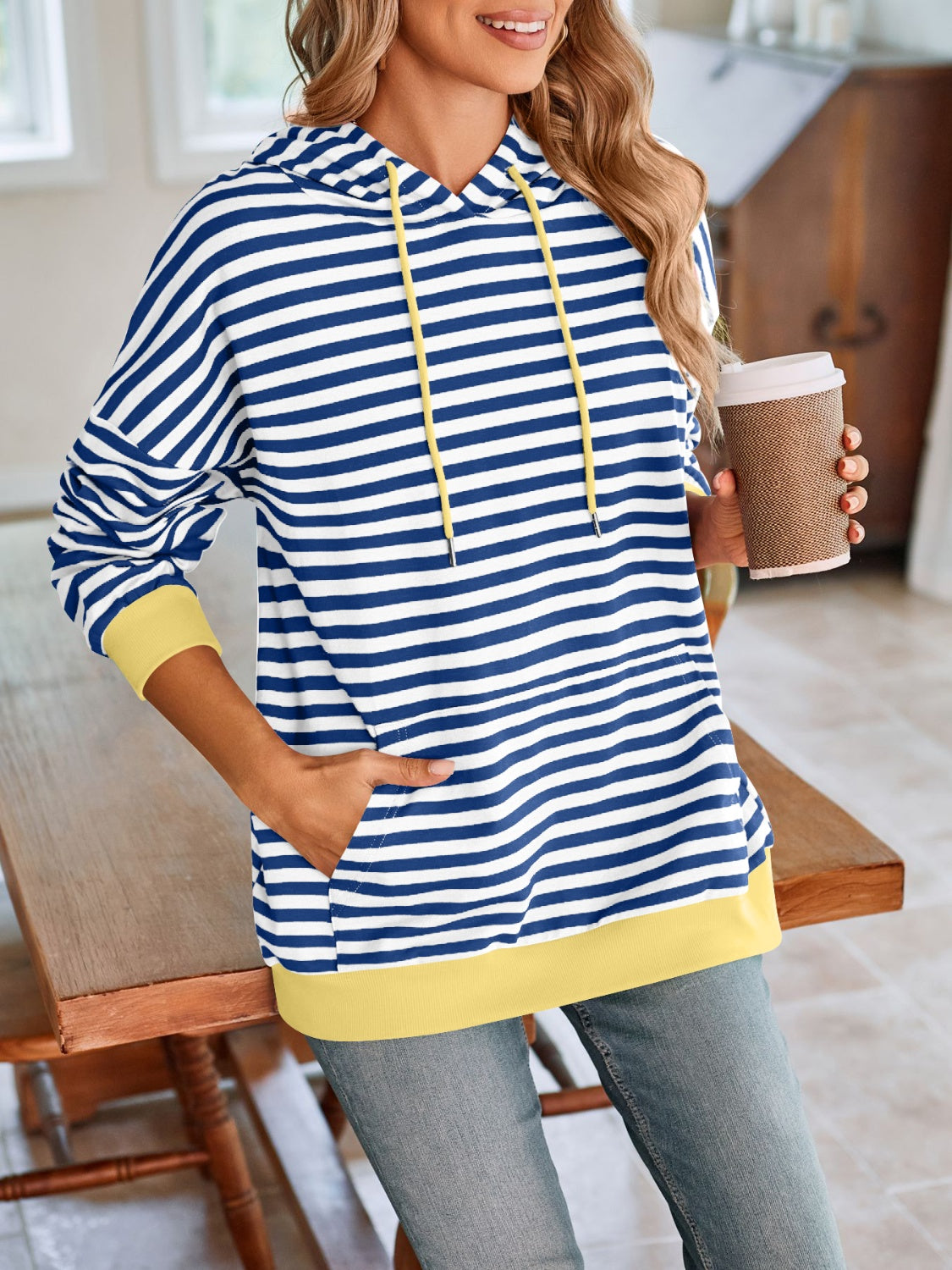 Lovelet Drawstring Striped Long Sleeve Hoodie