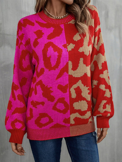 Round Neck Contrast Color Dropped Shoulder Sweater Rose Red