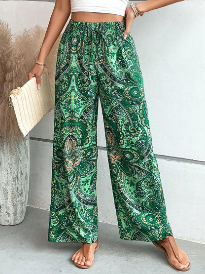 Printed Wide Leg Pants Dark Green