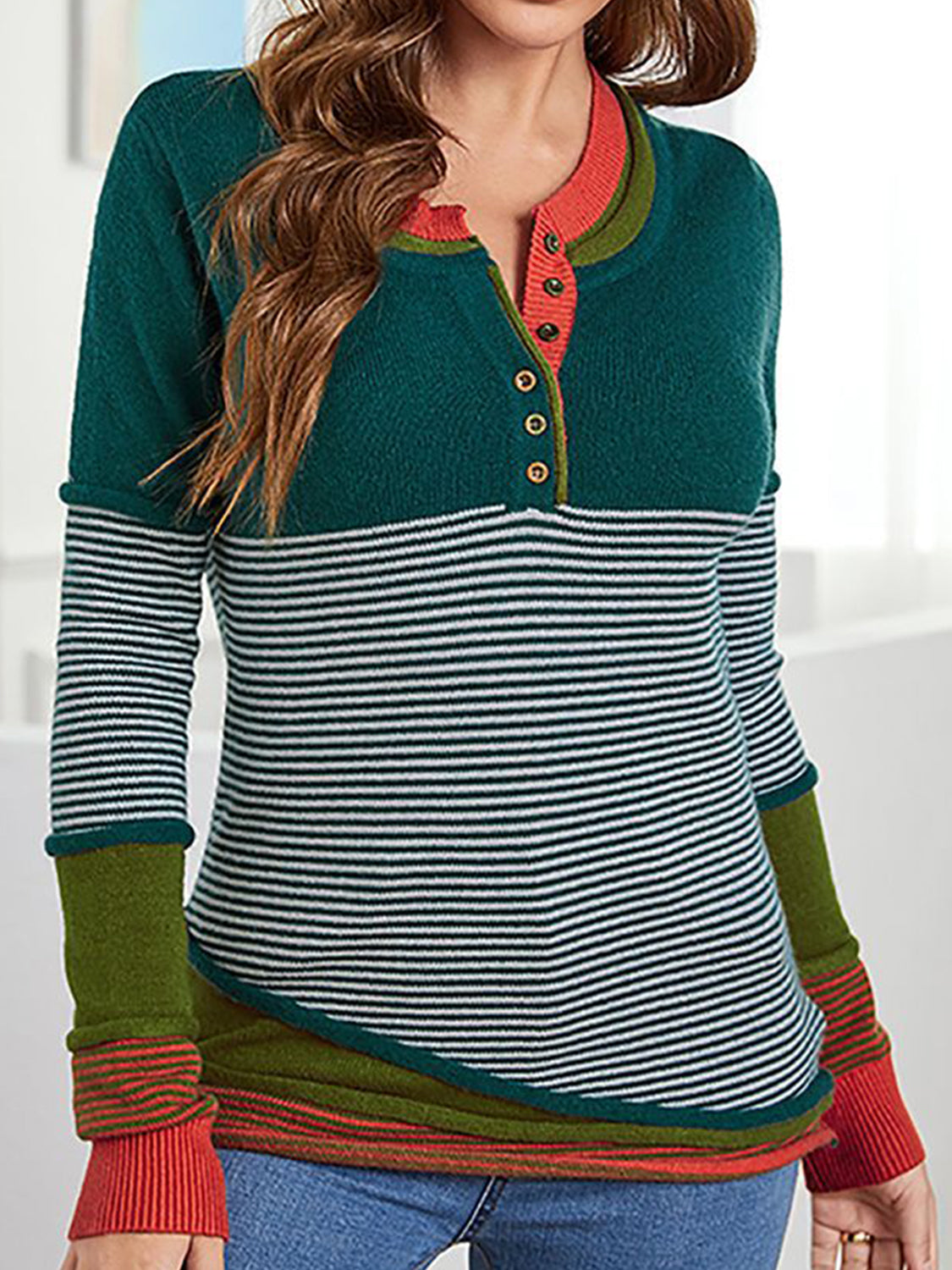 Striped Contrast Notched Long Sleeve Sweater Orange-Red