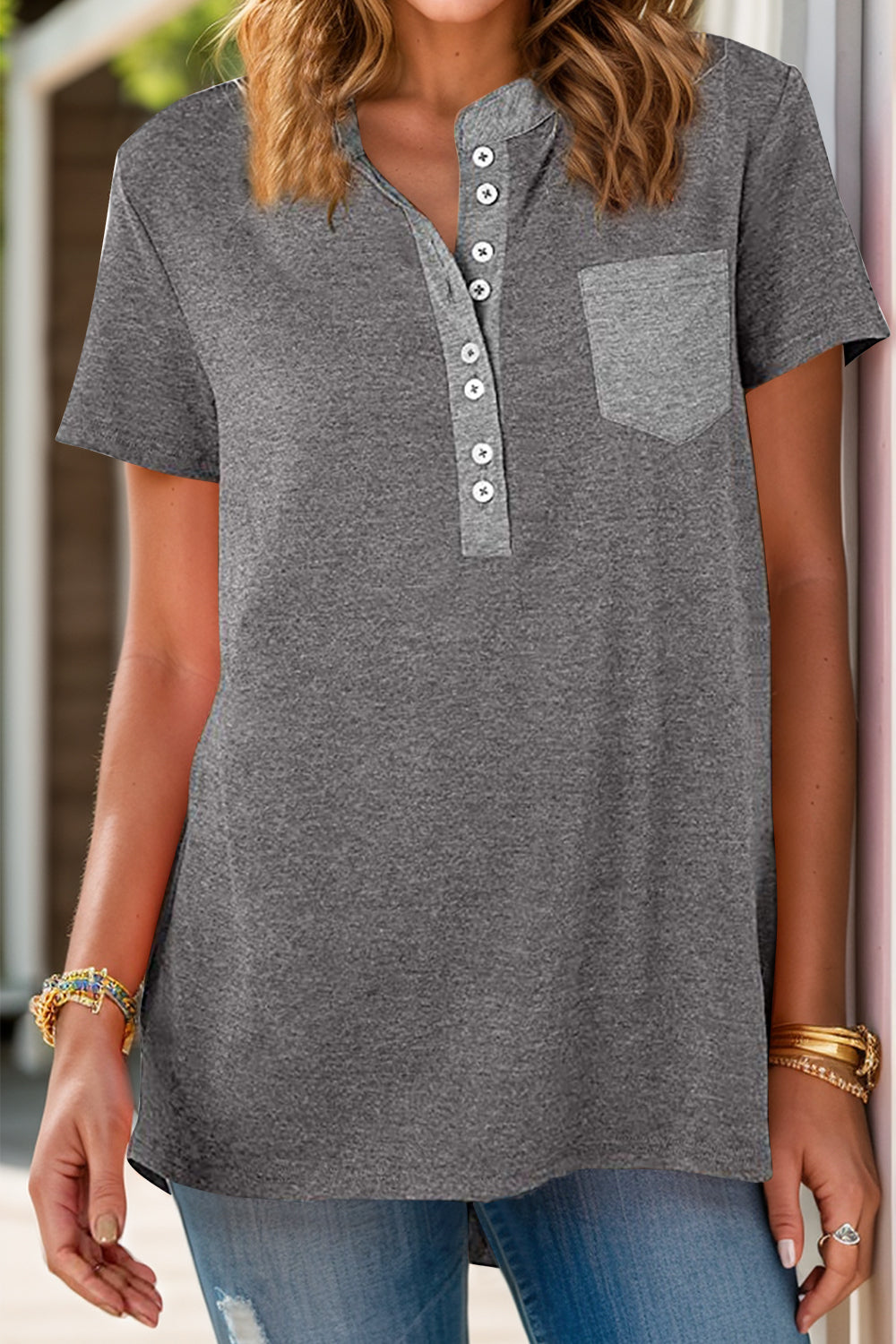 Full Size Half Button Short Sleeve T-Shirt | Casual Comfort with Pocket & Button Detail