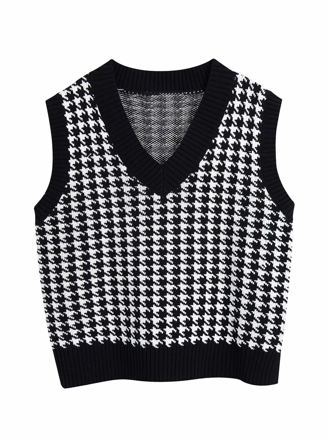 Houndstooth V-Neck Sweater Vest Black