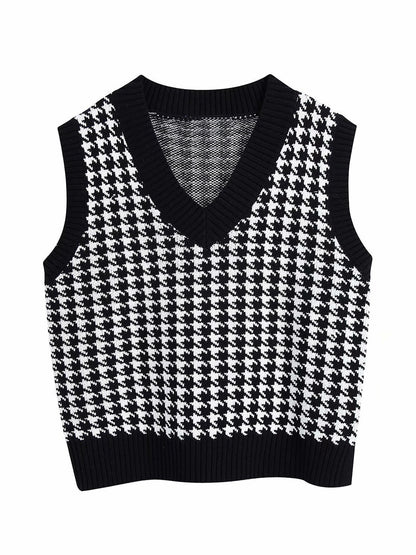 Houndstooth V-Neck Sweater Vest Black