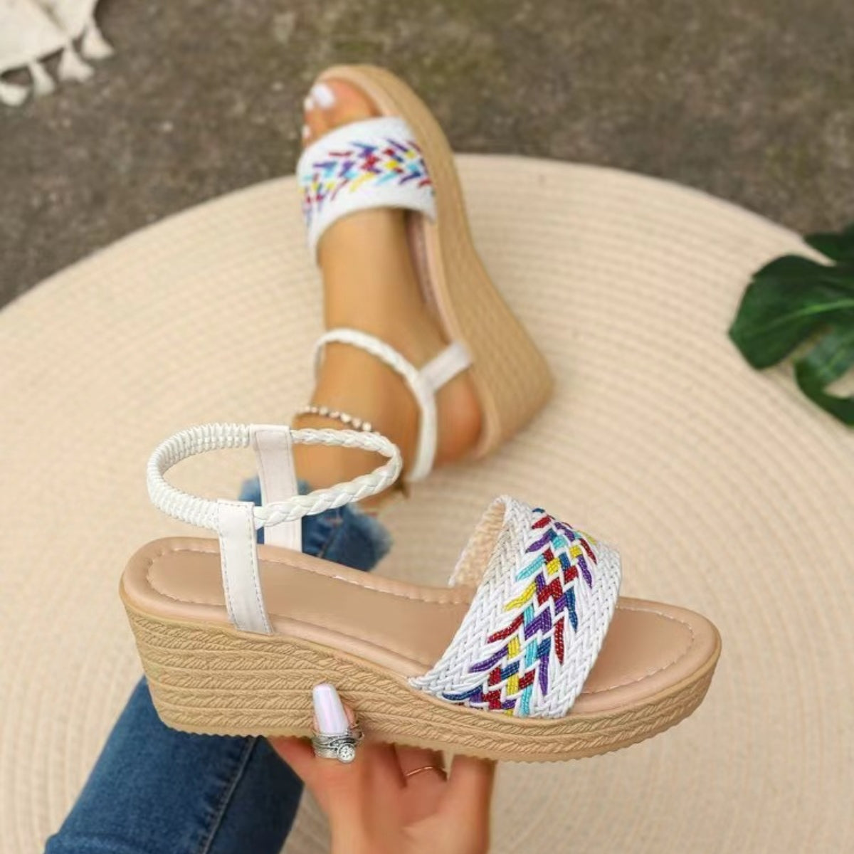 Open Toe Wedge Woven Sandals - Thandynie