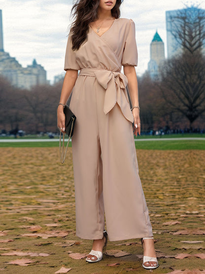 Tied Short Sleeve Wide Leg Jumpsuit - Stylish & Comfortable Tan