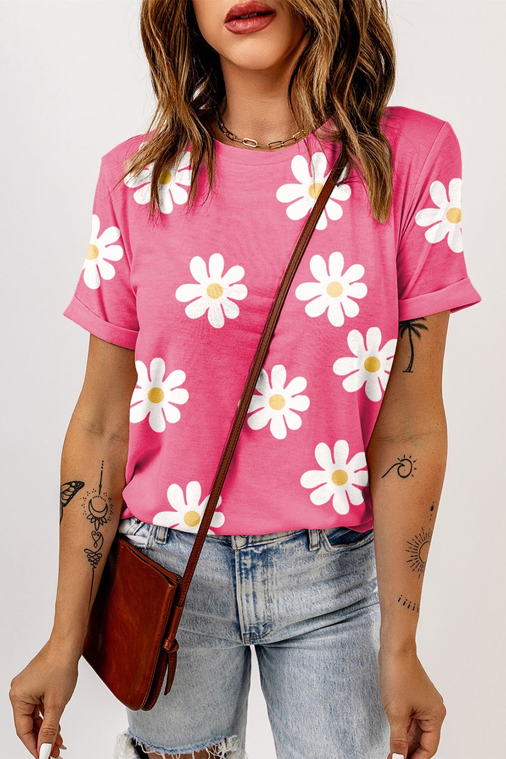 Printed Round Neck Short Sleeve T-Shirt Pink