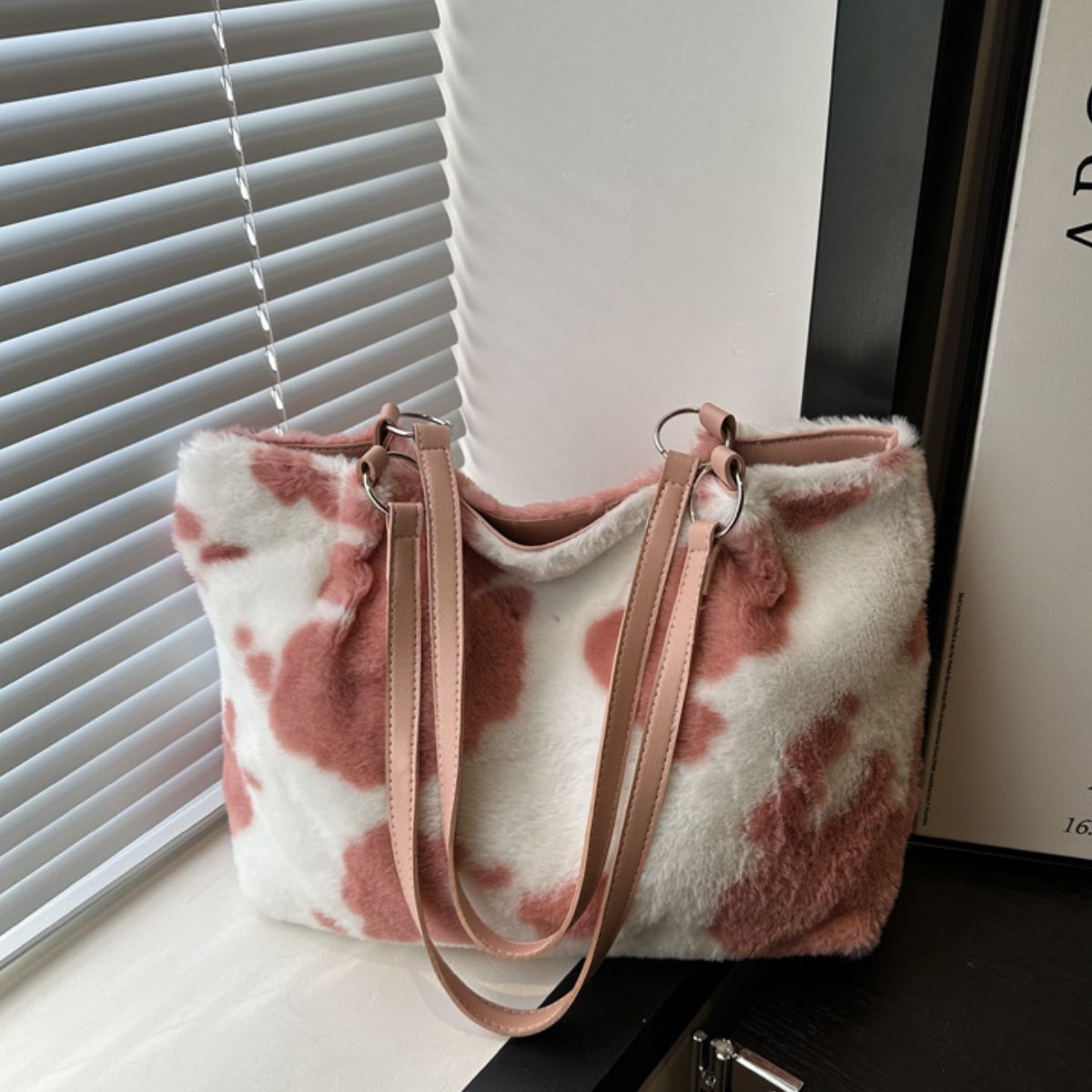 Cow Print Furry Tote Bag Dusty Pink One Size