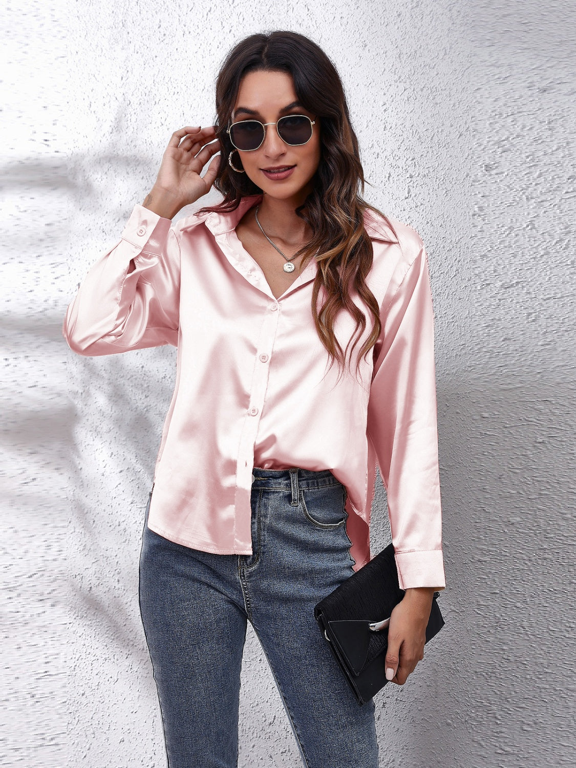 Collared Neck Buttoned Long Sleeve Shirt Blush Pink