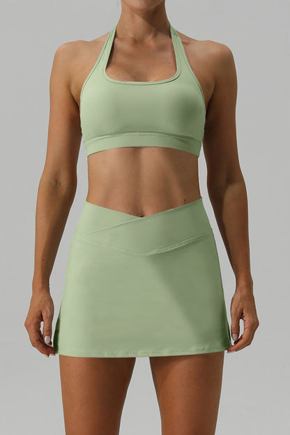 Halter Neck Tank and Slit Skirt Active Set Light Green