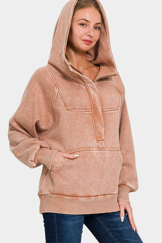 Zenana Acid Wash Fleece Kangaroo Hoodie Rust