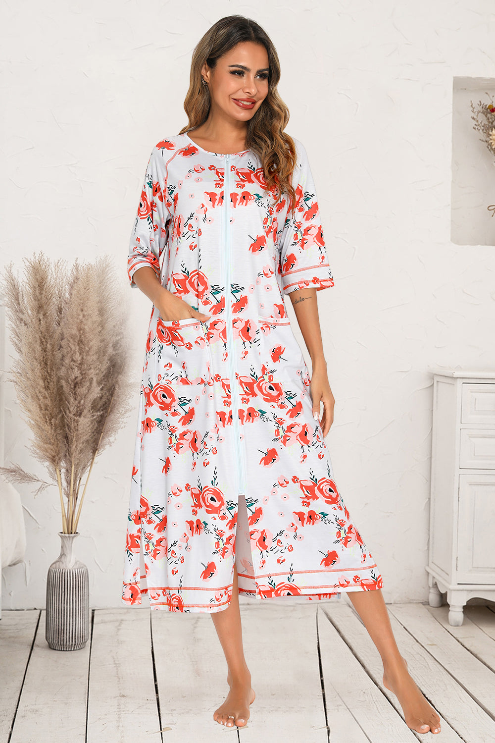 Printed Slit Night Dress with Pockets Burnt Coral