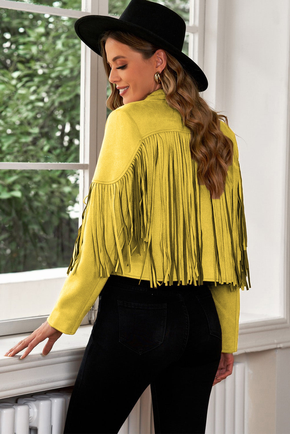 Fringe Trim Lapel Collar Cropped Blazer - Thandynie