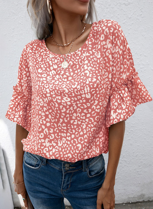 Leopard Round Neck Frill Trim Blouse Watermelon pink