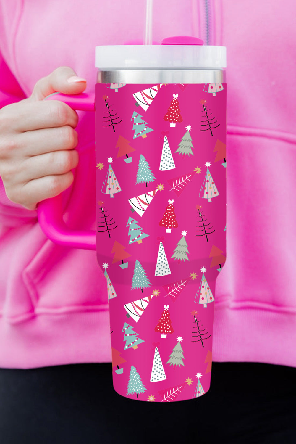 40oz Rose Red Cartoon Christmas Tree Printed Thermos Cup