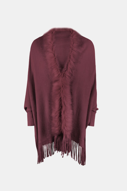 Fringe Open Front Long Sleeve Poncho Wine One Size