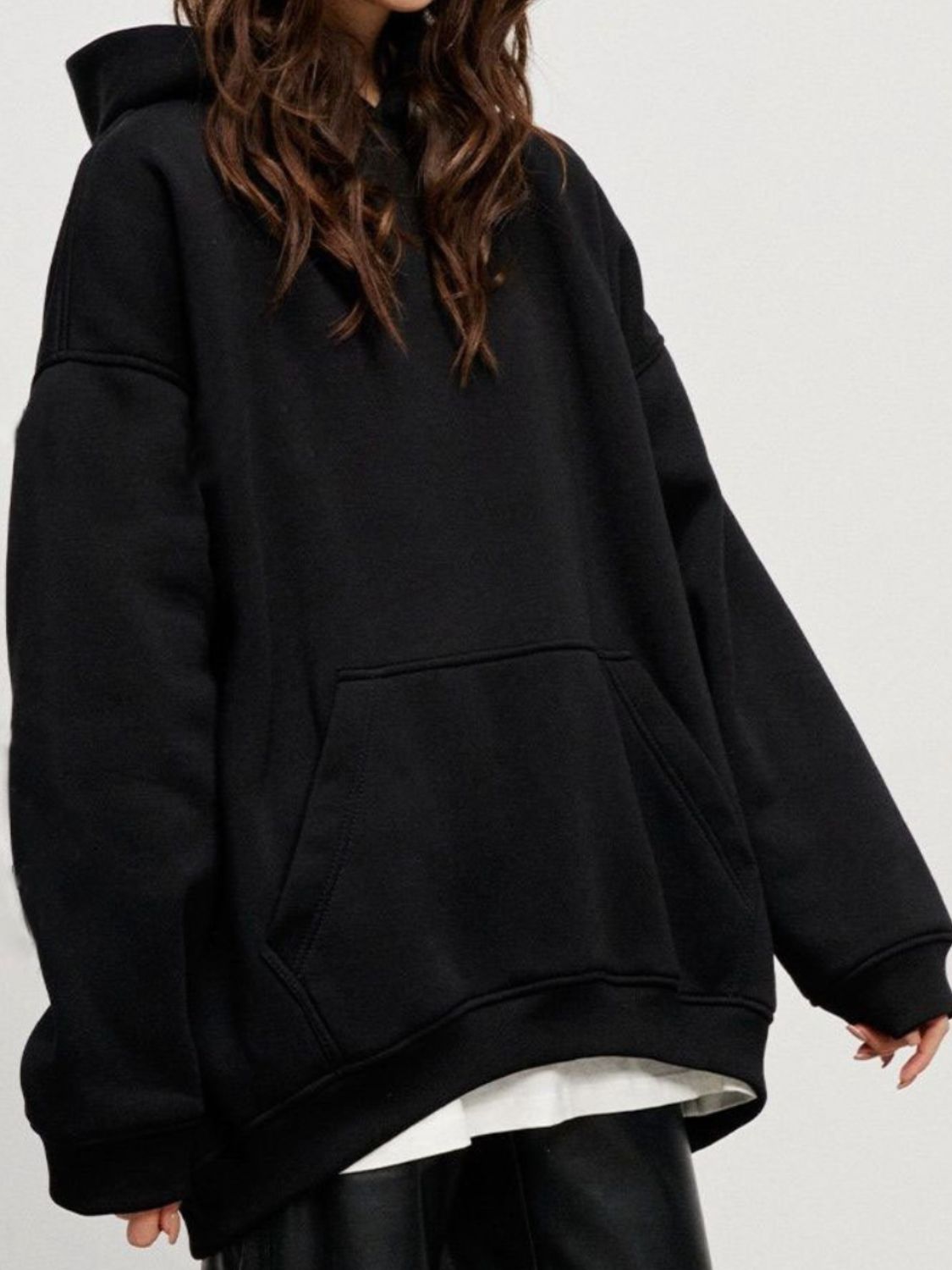 Pocketed Dropped Shoulder Long Sleeve Hoodie Black