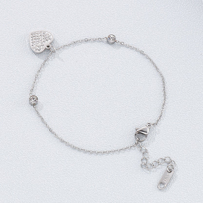 Inlaid Rhinestone Titanium Steel Heart Bracelet Silver One Size