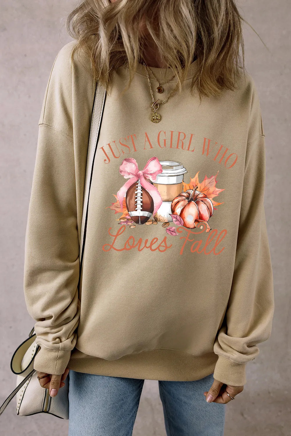 Graphic Round Neck Long Sleeve Sweatshirt Khaki