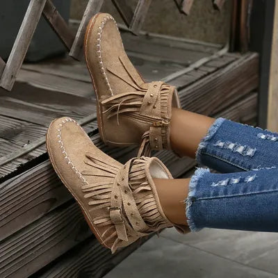 Fringe Studded Suede Flat Boots