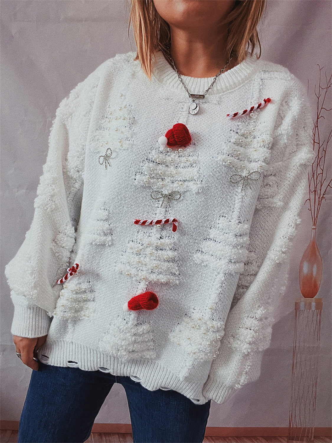 Pearl Detail Round Neck Long Sleeve Sweater White