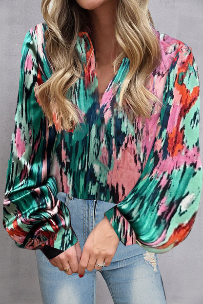 Printed V-Neck Long Sleeve Blouse - Basic Style, Comfortable Fit, Versatile Wardrobe Essential Multicolor