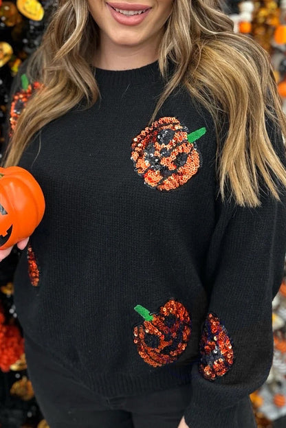 Black Plus Size Halloween Sequined Pumpkin Pattern Sweater Black 55%Acrylic+45%Cotton